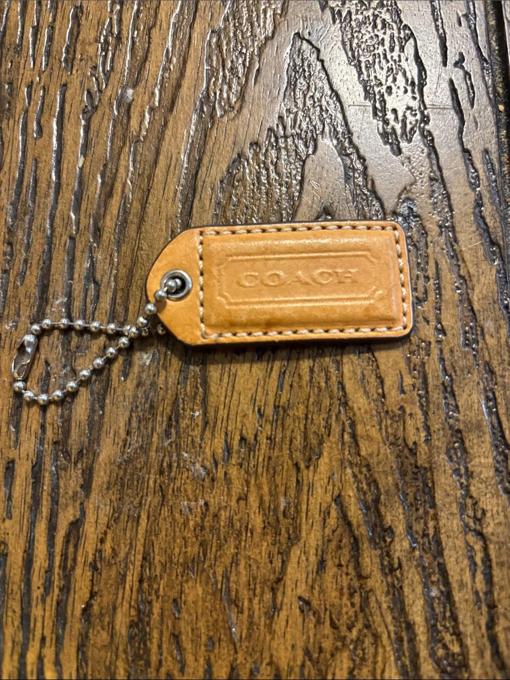 Coach Tan Leather Key & Card Holder Tag with Ball Chain